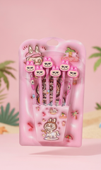 Kaiso Labubu Themed Premium Stationery Gift Set – Pink 5-Piece Pencil Pack with 3D Character Toppers