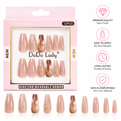 Kaiso DoDo Lady 12PCS Nude Pink Coffin Press-On Nails with Gold Marble Design - High-End Wearable Nail Extensions