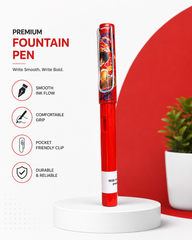 Kaiso Red Cartoon Print Premium Fountain Pen with Metal Clip – Smooth Ink Writing Pen