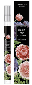 Perfume bottle with the label showing a black rose and the text 'Magic Rosy Clouds'