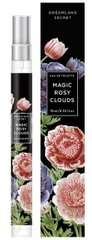 Perfume bottle with the label showing a black rose and the text 'Magic Rosy Clouds'