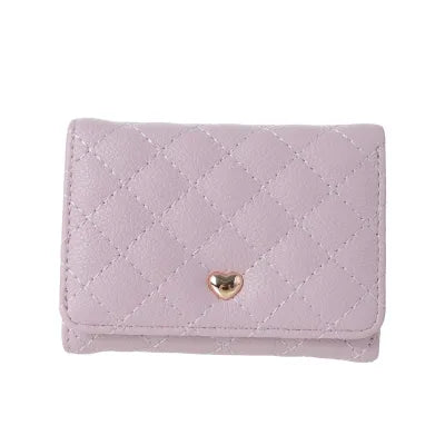 Miniso Women's Heart Shaped Diamond Lattice Pattern Short Trifold Wallet(Light Purple)