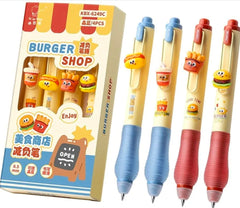 Kaiso Burger Shop Erasable Gel Pen Set – 4 Pcs [0.5mm Blue Ink]