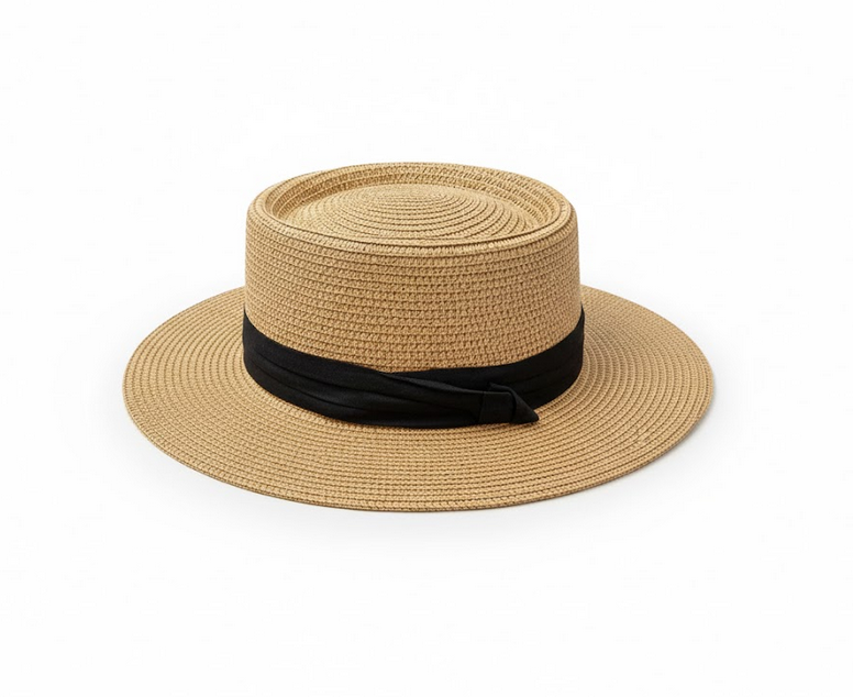Miniso womens French Flat Straw Hat (Khaki with Black Strap)