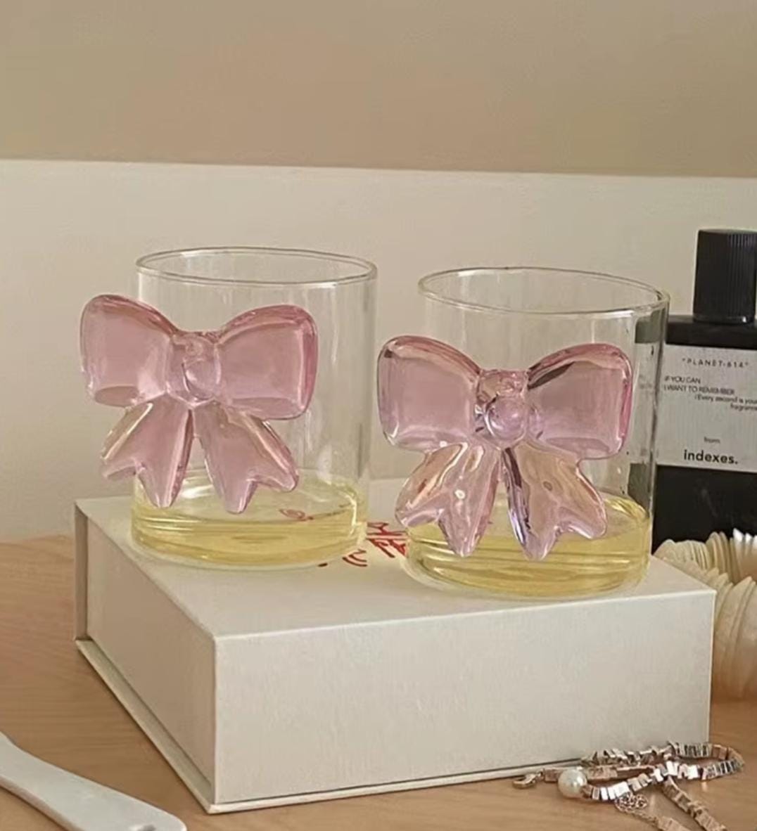 Miniso 3D Pink Bow Transparent Glass Cup
