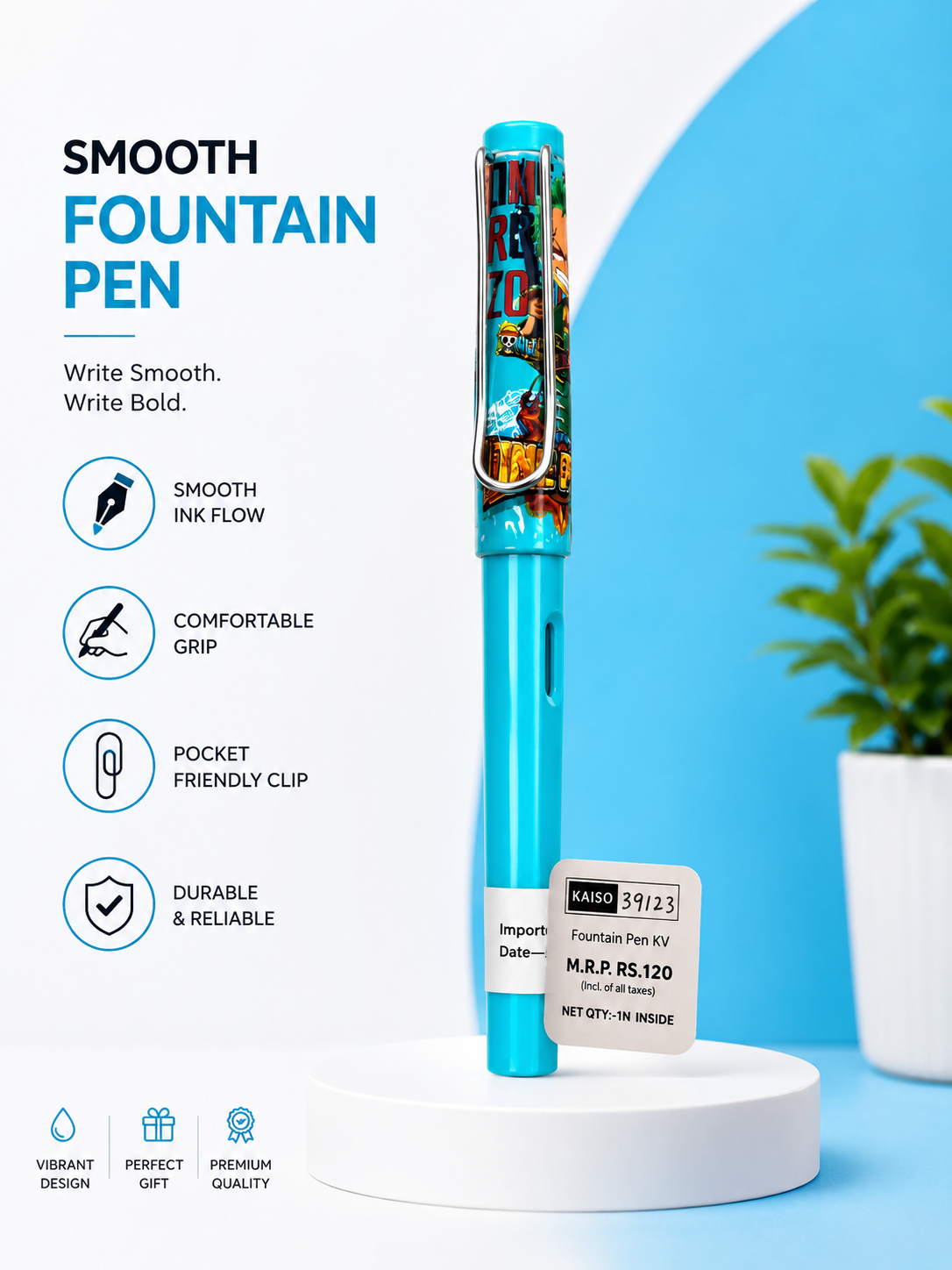 Kaiso Blue Cartoon Print Premium Fountain Pen with Metal Clip – Smooth Ink Writing Pen