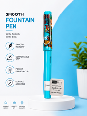 Kaiso Blue Cartoon Print Premium Fountain Pen with Metal Clip – Smooth Ink Writing Pen